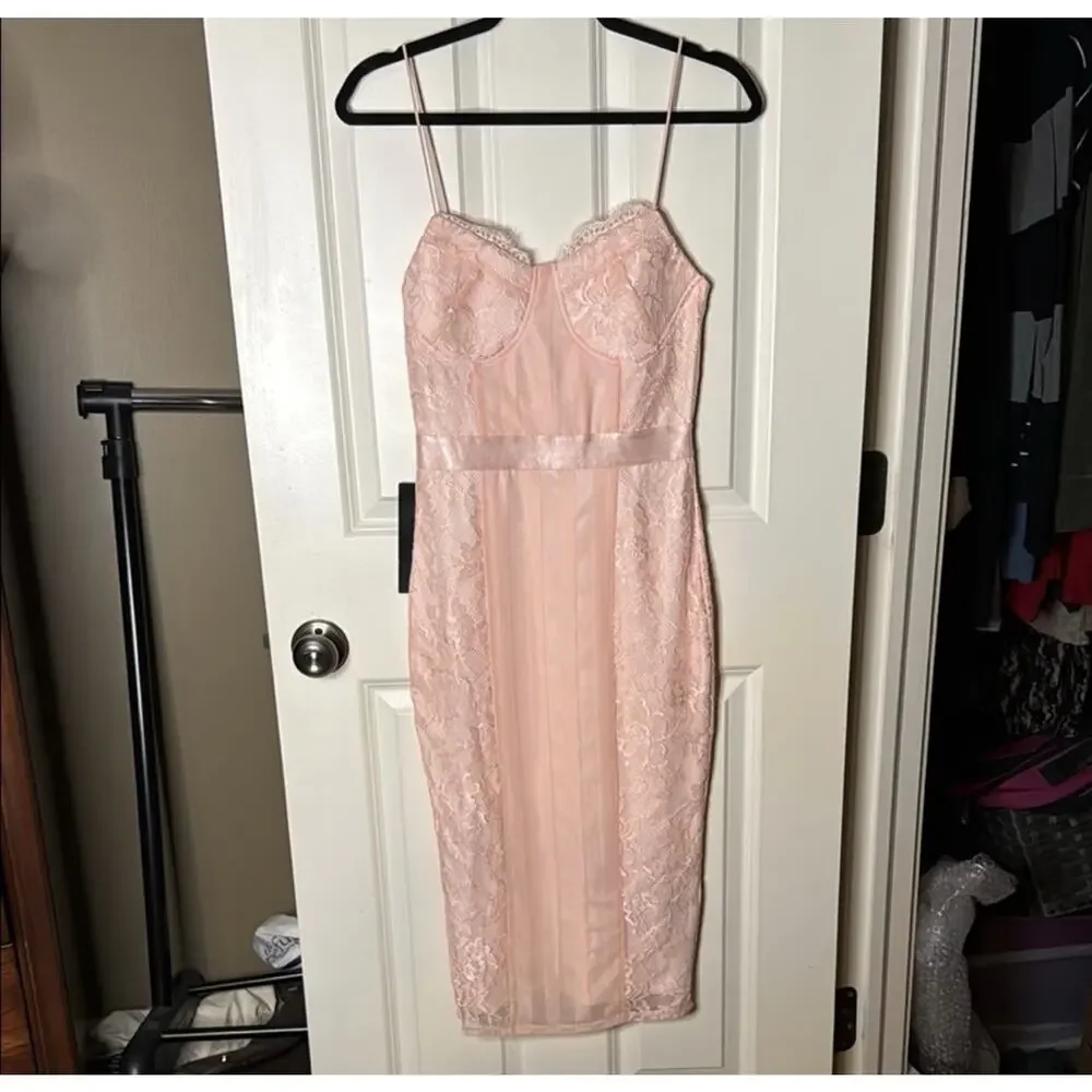 Bebe Blush Striped Mesh Lace Satin Midi Dress - Picture 3 of 6